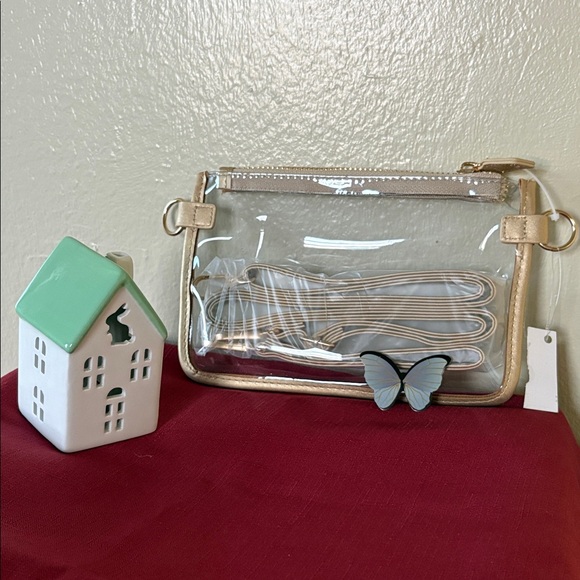 Handbags - Clear Crossbody Bag with Gold Trim and Blue Butterfly Accent